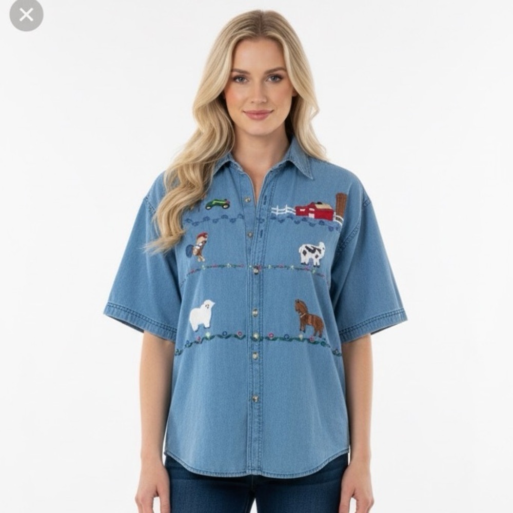 VINTAGE country western farm denim button down shirt size XLarge